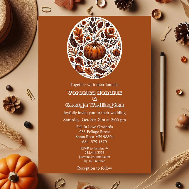 Convites Casamento de Oval Marrom Rusty Boho, Abóbora-Pumpk (Fall Pumpkin Groovy Boho Rusty Brown Oval Foliage Invitation)