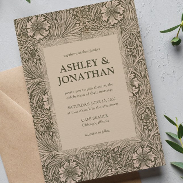 Convites Casamento de Padrão Elegante William Morris Marigo (Criador carregado)