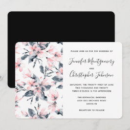 Convites Casamento de Padrão Flor de Aquarela Rosa e Cinza