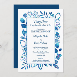Convites Casamento de Padrão Floral Azul Escandinavo