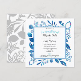 Convites Casamento de Padrão Floral Azul-Inverno Escandinav