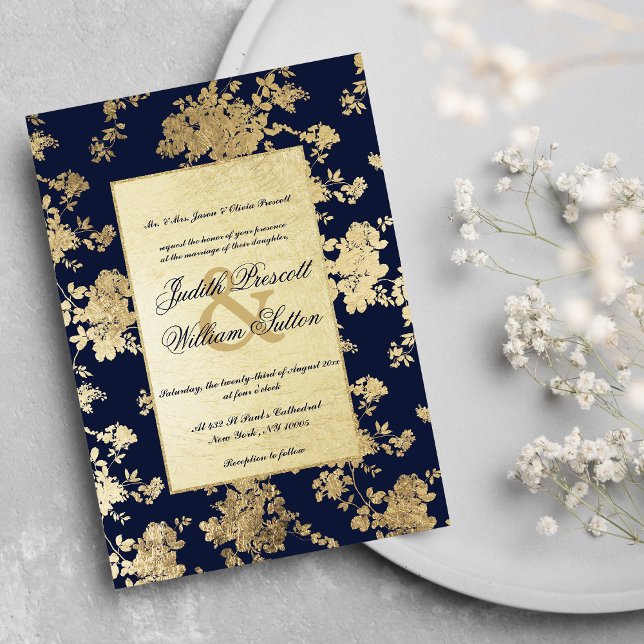 Convites Casamento De Padrão Floral Dourado Azul Do Marinho (Vintage Navy Blue Gold Floral Pattern Wedding)