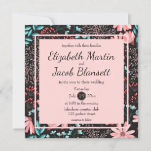 Convites Casamento de Padrão Floral Rosa e Escuro-Teal