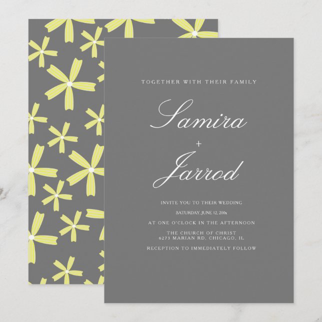 Convites Casamento de Padrão Floral Simples Amarelo e Cinza (Frente/Verso)