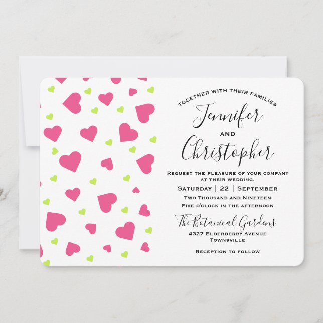 Convites Casamento de padrões de corações cor-de-rosa e ver (Frente)
