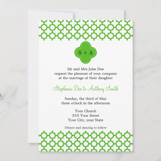 Convites Casamento de Padrões de Quatrefoil Kelly Green Mon (Frente)