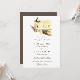 Convites Casamento de Paisagem com Farol de Dourada Aquarel