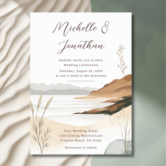 Convites Casamento de Paisagem de Aquarelas de Praia Costei (Front - Coastal Chic Beach Watercolor Landscape Wedding Invitation)