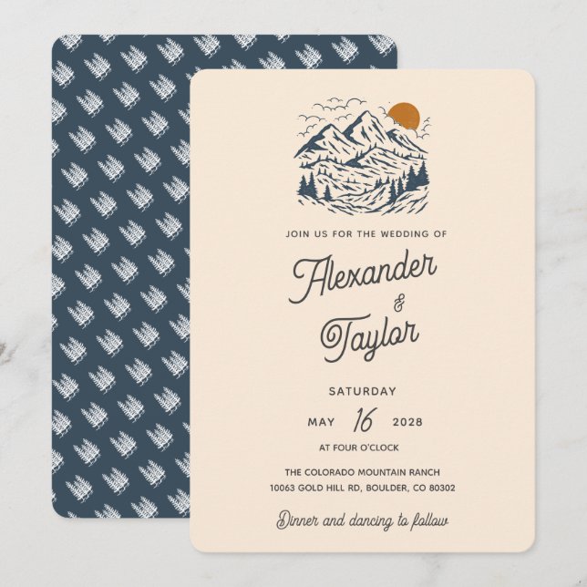Convites Casamento De Paisagem De Montanha Da Bold Retro Vi (Frente/Verso)