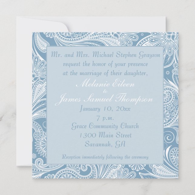 Convites Casamento de Paisley Branco Azul Mole (Frente)
