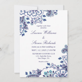 Convites Casamento de Paisley com Cor Azul Escuro-Branco Pe