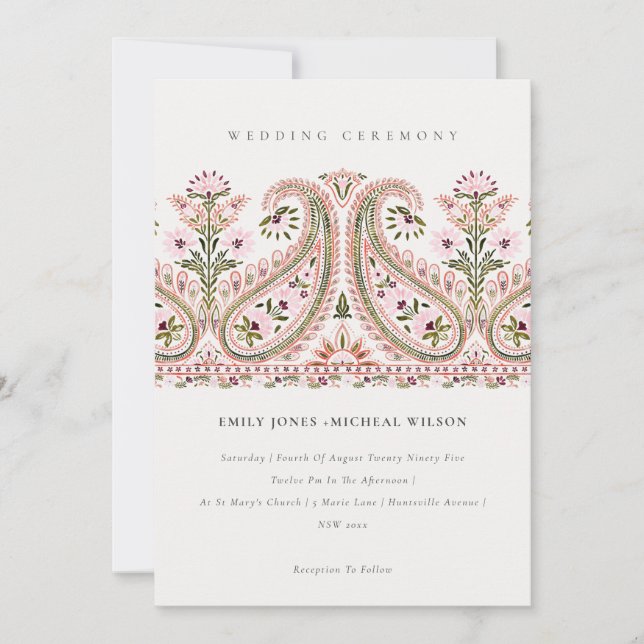 Convites Casamento de Paisley Motif, Floral Verde Rosa Eleg (Frente)