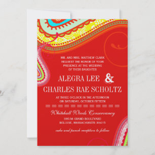 Convites Casamento de Paisley Vermelho Amarelo Moderno - La