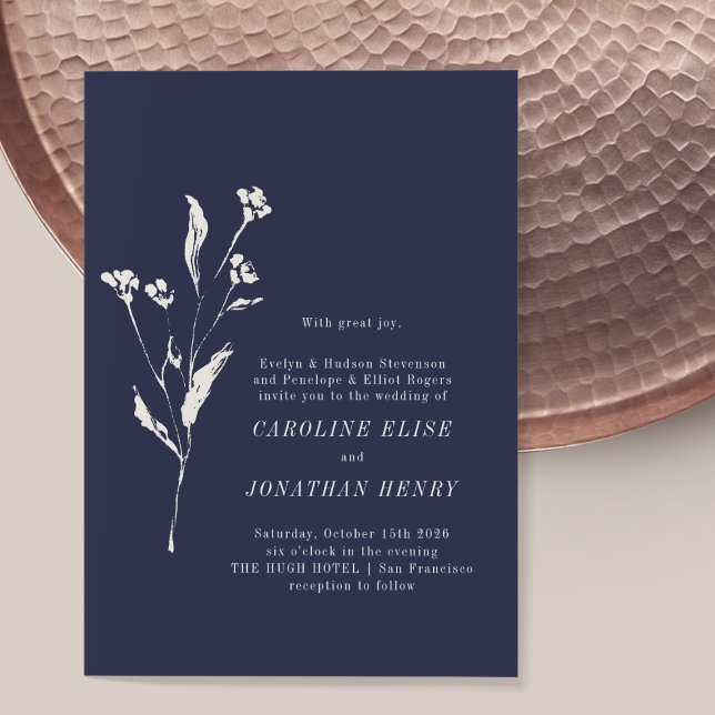 Convites Casamento de Palavras Formais Azul de Marinho Flor (Criador carregado)