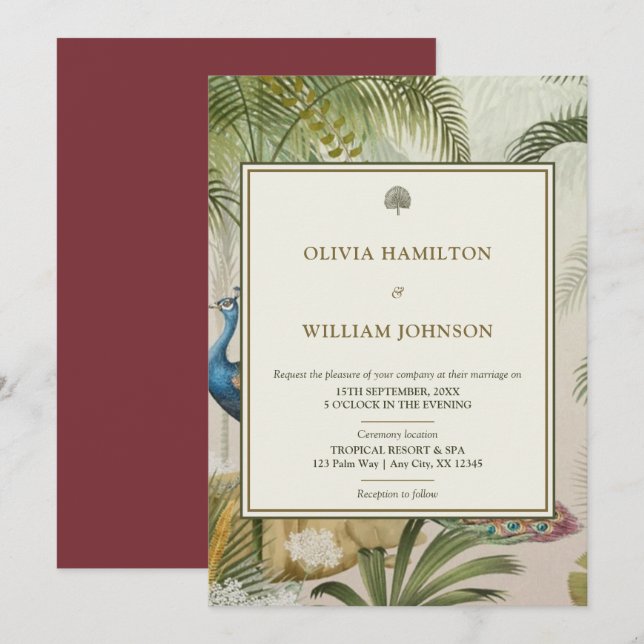 Convites Casamento de Palm Tropical Burgandy 5x7 (Frente/Verso)