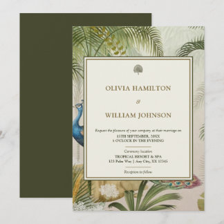 Convites Casamento de Palm Tropical de Pavão Verde Oleícola