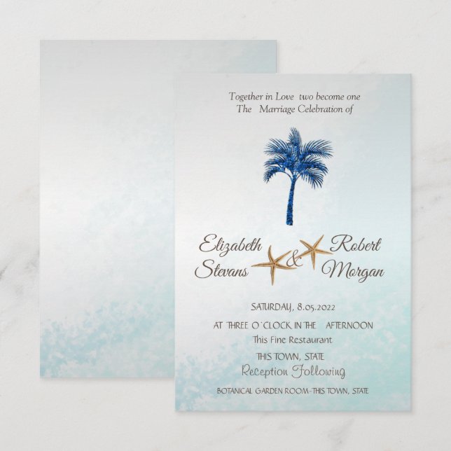 Convites Casamento de Palma com Brilho Azul de Praia Tropic (Frente/Verso)