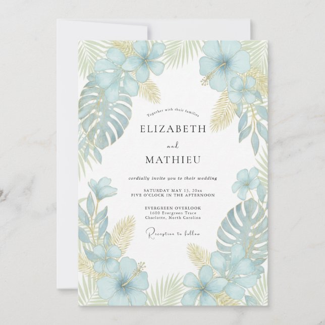 Convites Casamento de Palma de Eucalipto Tropical Aqua (Frente)