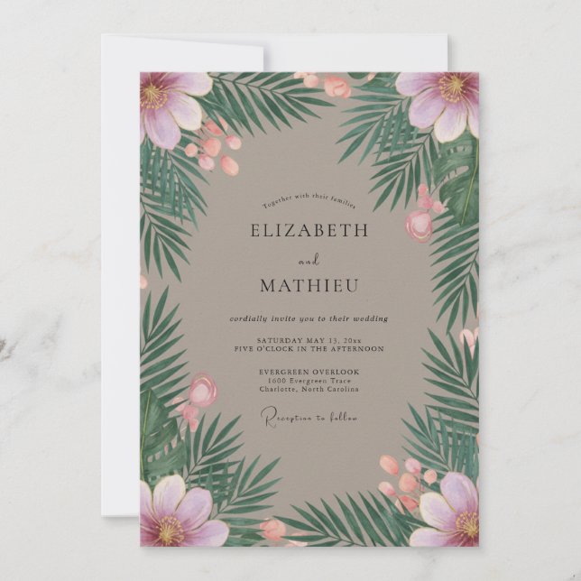 Convites Casamento de Palma Tropical de Eucalipto Taupe (Frente)