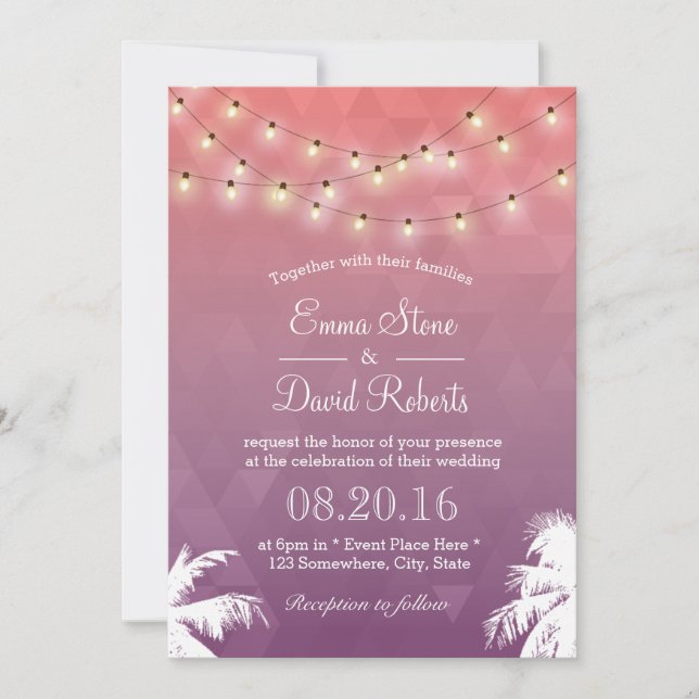 Convites Casamento de Palmas e Luzes de Cordas Modernas (Frente)