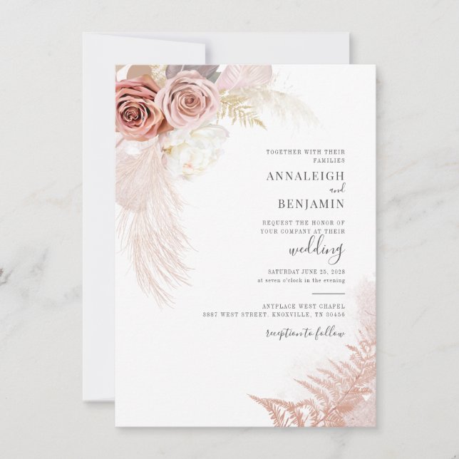 Convites Casamento de Palmas Secas Secas com Script de Gram (Frente)