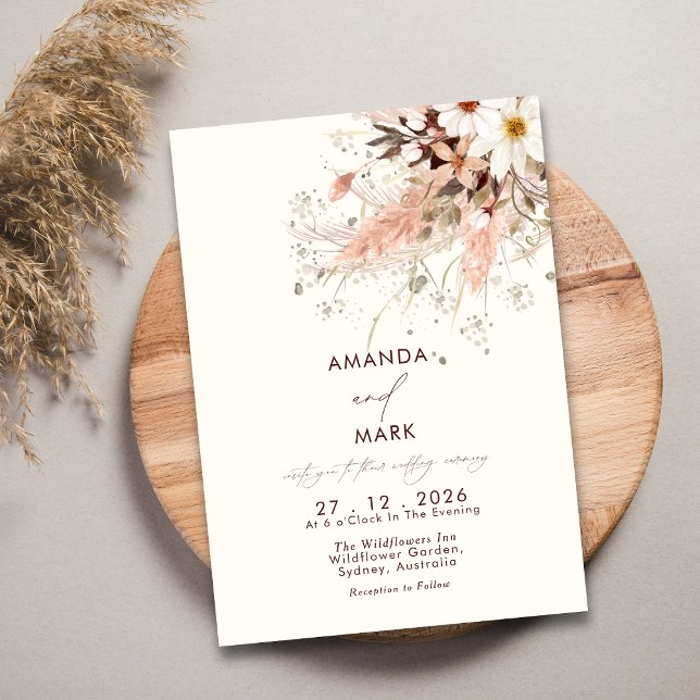 Convites Casamento de Pampas Grass Boho Wildflower Elegante (Criador carregado)