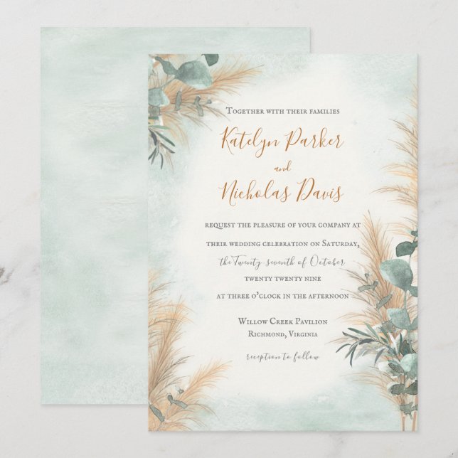 Convites Casamento de Pampas Grass Eucalyptus Greenery Boho (Frente/Verso)