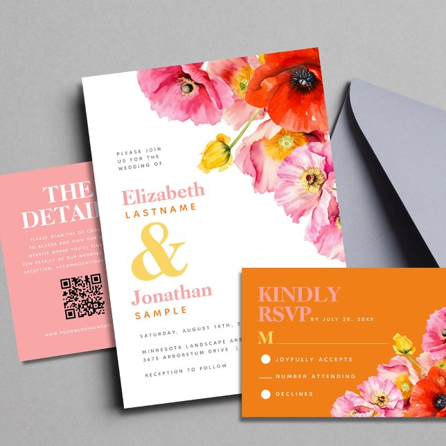 Convites Casamento de Papagaios Amarelos Cor-de-Rosa Cor-de (Modern Peach Pink Orange Yellow Poppies Wedding Invitation.Celebrate your love story!)