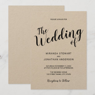 Convites Casamento de papel Kraft com script moderno