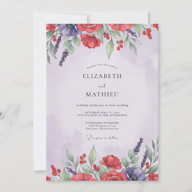 Convites Casamento de Papoula Violeta Vermelha (Frente)