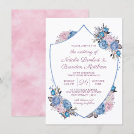 Convites Casamento de Parisiense Charm Blue & Pink Floral C