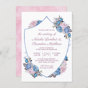 Convites Casamento de Parisiense Charm Blue & Pink Floral C