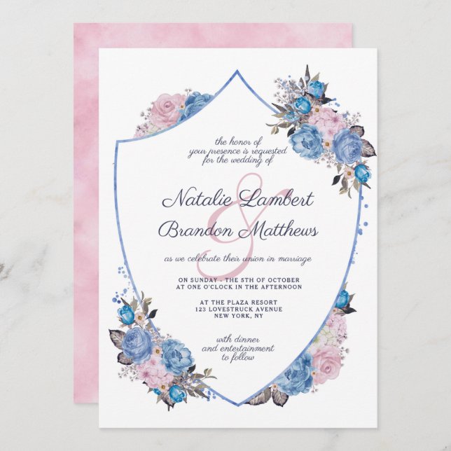 Convites Casamento de Parisiense Charm Blue & Pink Floral C (Frente/Verso)