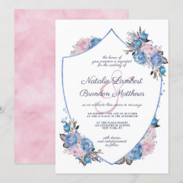 Convites Casamento de Parisiense Charm Blue & Pink Floral C