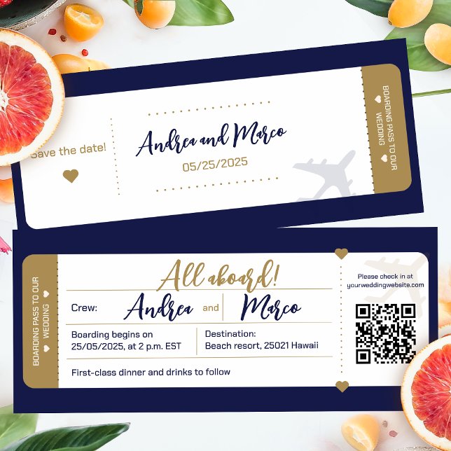 Convites Casamento De Passagem De Embarque Azul E Dourado (Beach Wedding Boarding Pass Wedding Invitation)
