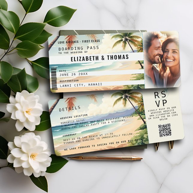 Convites Casamento de Passagem de Embarque de Destino de Pr (elegant boarding pass wedding invitation tropical beach palm trees ocean photo template QR code chic)