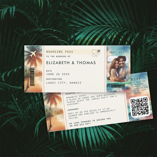 Convites Casamento de Passagem de Embarque de Destino de Pr (beach destination wedding invitation boarding pass qr code all in one tropical watercolor sunset)