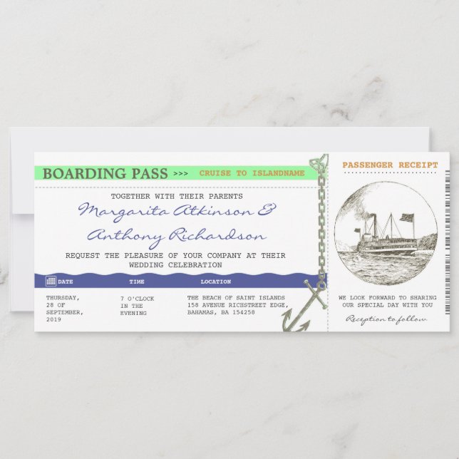 Convites casamento de passagem de embarque - marinho e ment (Frente)