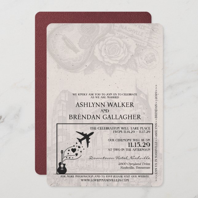 Convites Casamento de Passaporte Burgundy Nashville (Frente/Verso)