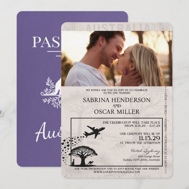 Convites Casamento de Passaporte da Austrália Lilac Purple (Frente/Verso)