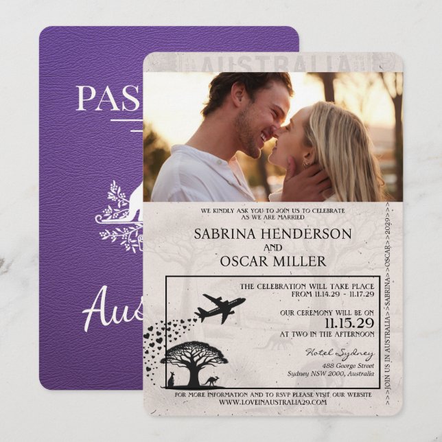 Convites Casamento de Passaporte da Austrália Roxo (Frente/Verso)
