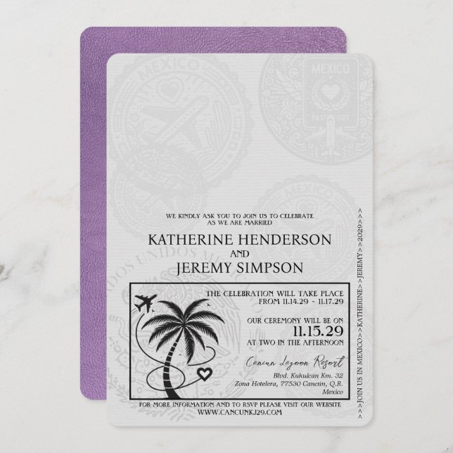 Convites Casamento de Passaporte de Cancún de lavanda Roxo (Frente/Verso)