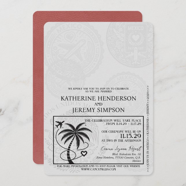 Convites Casamento de Passaporte de Cancún Light Burgundy (Frente/Verso)