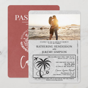 Convites Casamento de Passaporte de Cancún Light Burgundy