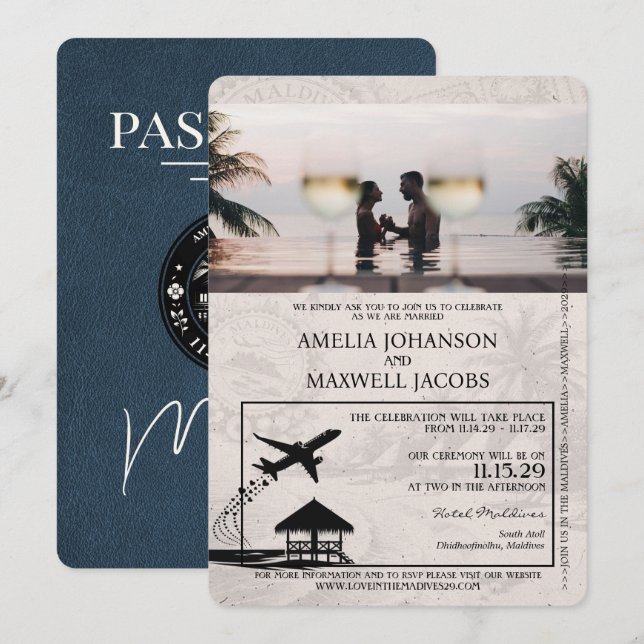 Convites Casamento de Passaporte de Maldivas marinho Azul (Frente/Verso)
