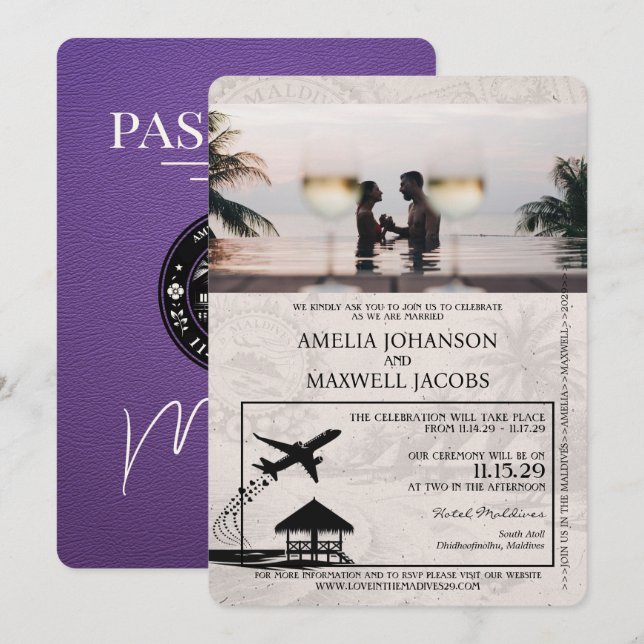 Convites Casamento de Passaporte de Maldivas Roxo (Frente/Verso)