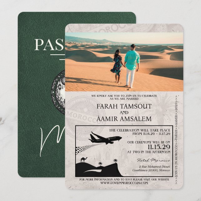 Convites Casamento de Passaporte de Marrocos Verde (Frente/Verso)