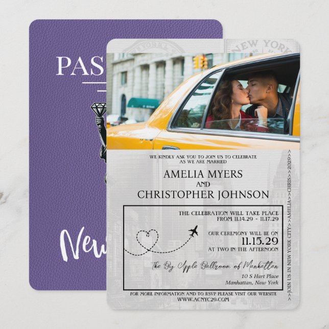 Convites Casamento de Passaporte de Nova Iorque Roxo Lilac (Frente/Verso)