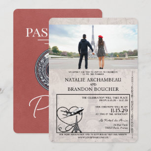 Convites Casamento de Passaporte de Paris Light Burgundy