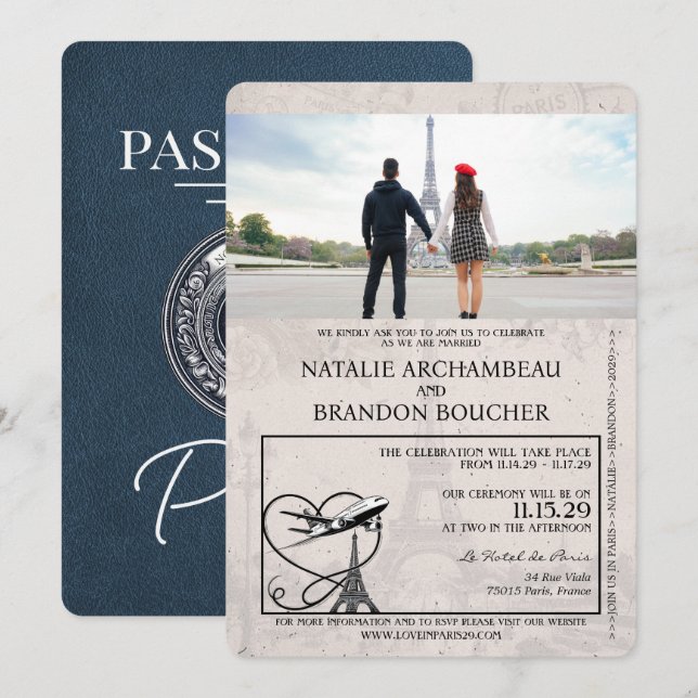 Convites Casamento de Passaporte de Paris marinho Azul (Frente/Verso)